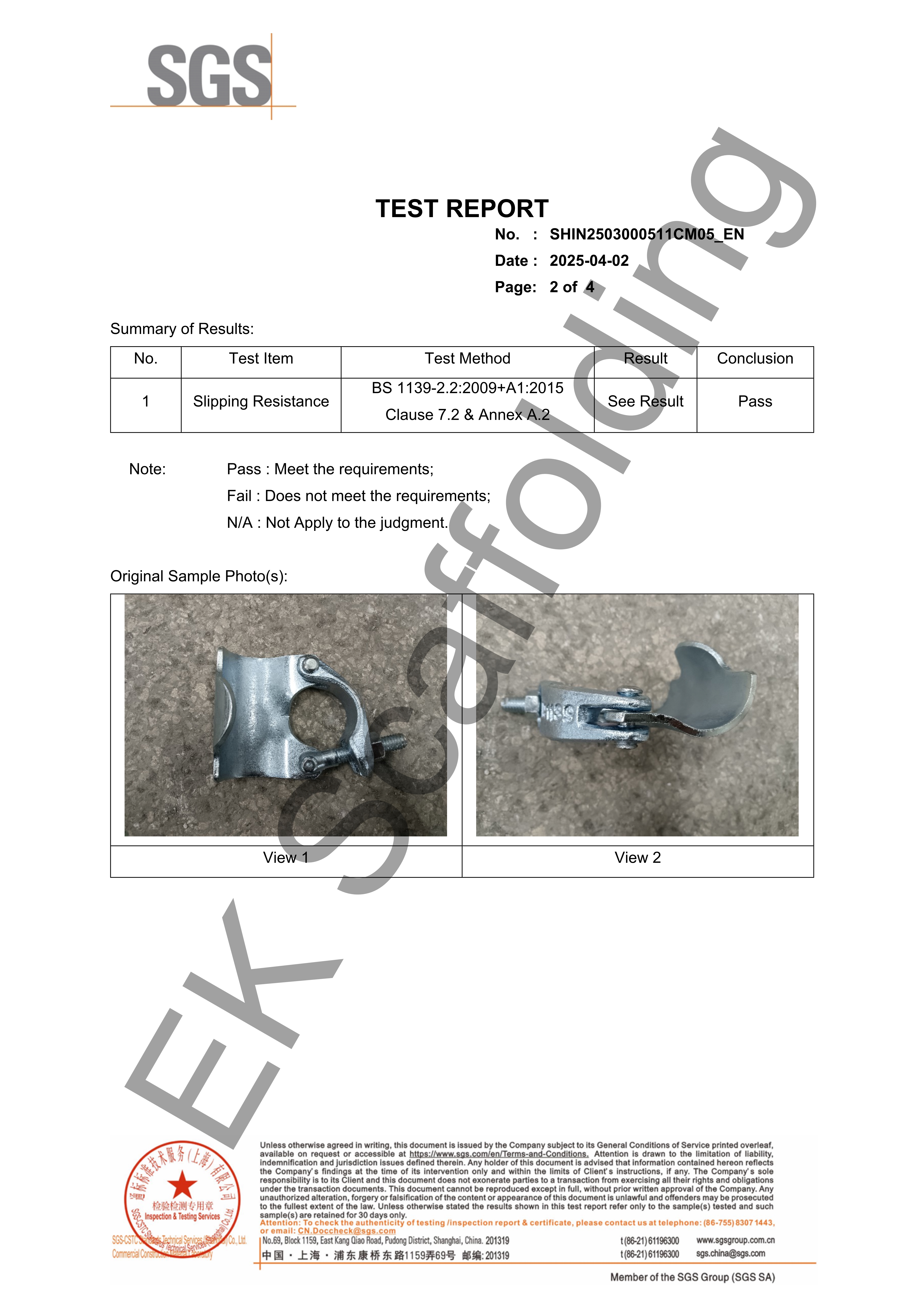 Putlog Coupler SGS Report
