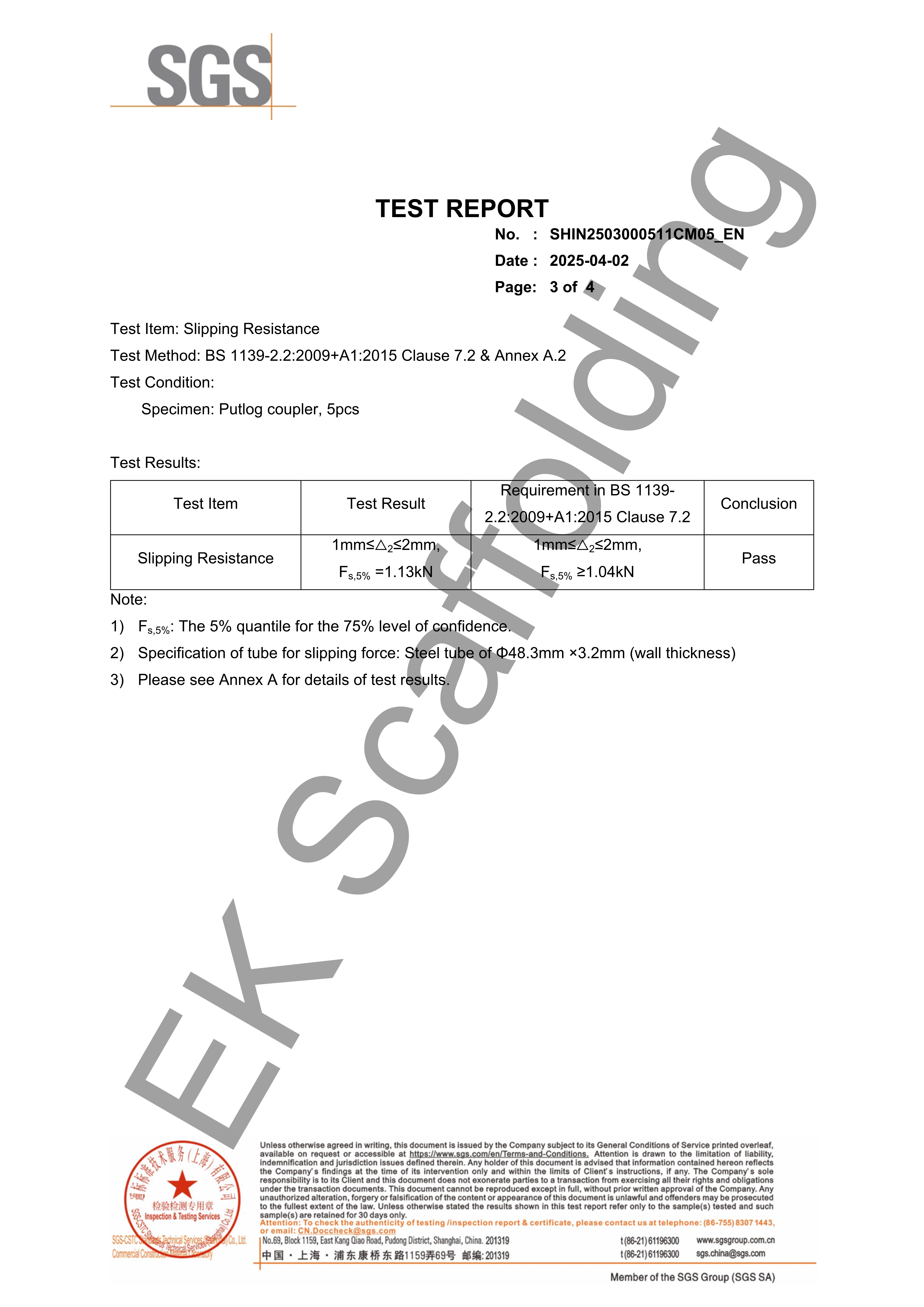 Putlog Coupler SGS Report